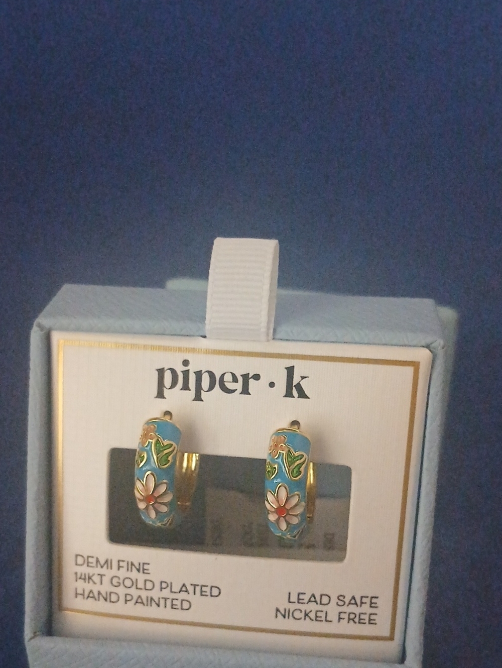Piper. K Floral Hand-Painted 14kt Gold-Plated Hoop Earrings Cloisonne- Blue
